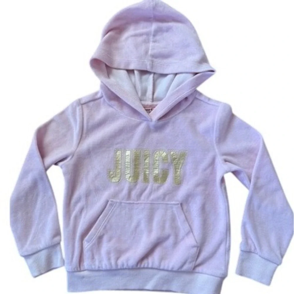 Juicy Couture Kids Pink Velour‎ Hoodie Gold Metallic Logo Pullover Size 5